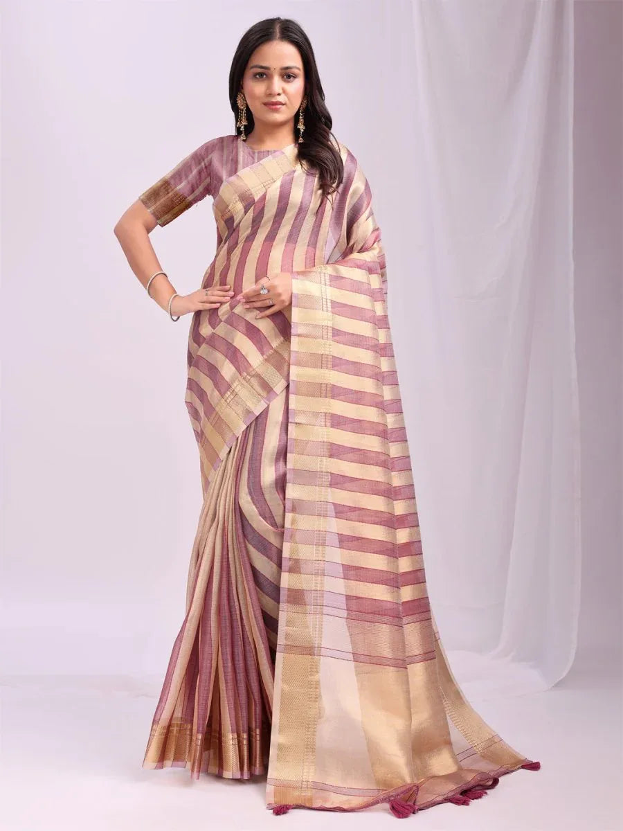 Purple FOSHAN Organza Saree with Blouse Piece - EZBER