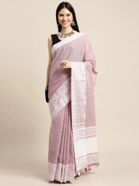 Purple GLORY LINEN Saree with Blouse Piece - EZBER