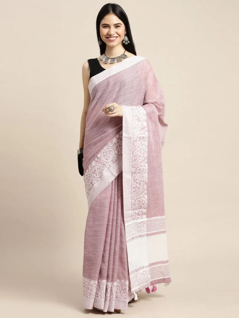 Purple GLORY LINEN Saree with Blouse Piece - EZBER
