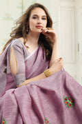 Purple Linen Blend Cotton Saree With Blouse Piece - EZBER