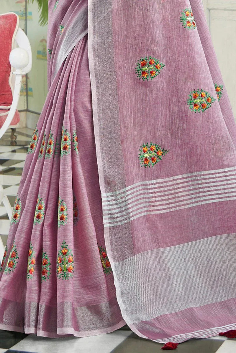 Purple Linen Blend Cotton Saree With Blouse Piece - EZBER