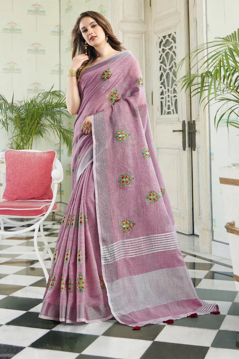 Purple Linen Blend Cotton Saree With Blouse Piece - EZBER