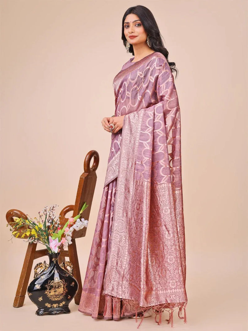 Purple Linen Cotton Saree With Blouse Piece - EZBER