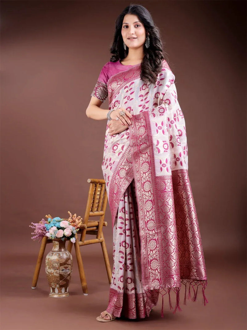 Purple Linen Cotton Saree With Blouse Piece - EZBER