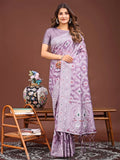 Purple Linen Cotton Saree With Blouse Piece - EZBER