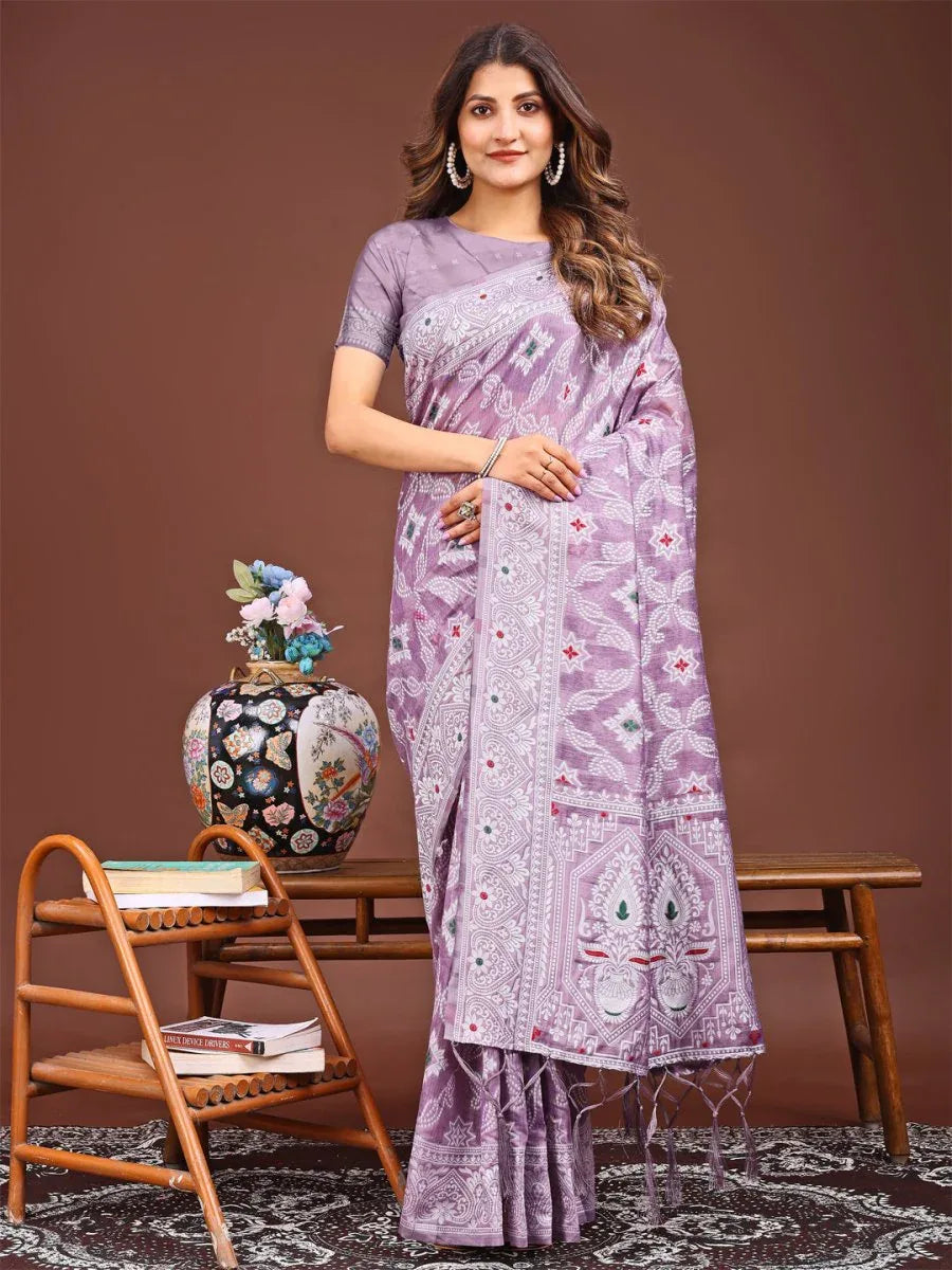 Purple Linen Cotton Saree With Blouse Piece - EZBER