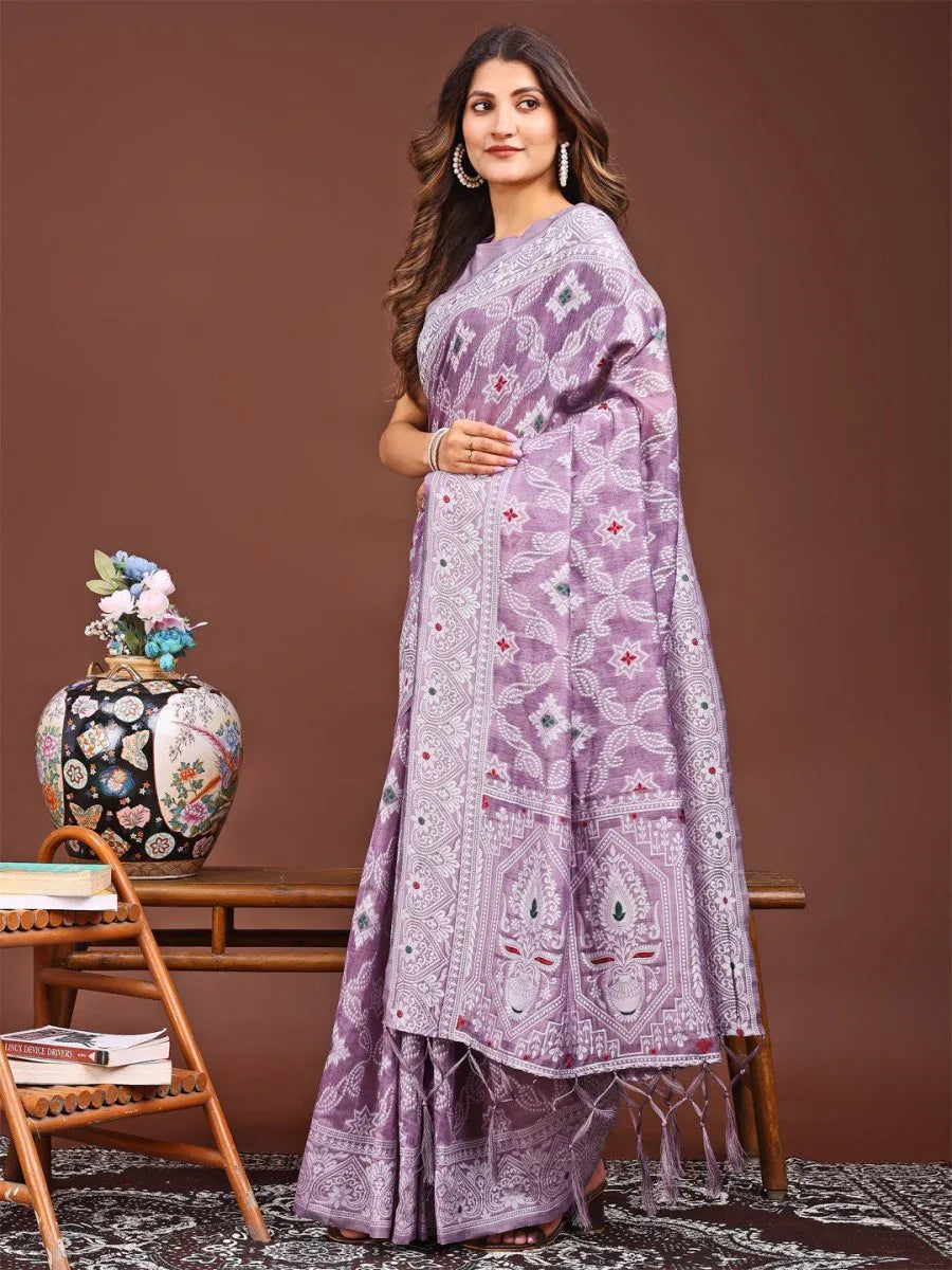Purple Linen Cotton Saree With Blouse Piece - EZBER
