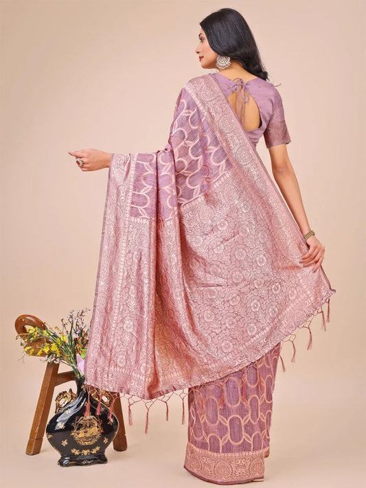Purple Linen Cotton Saree With Blouse Piece - EZBER