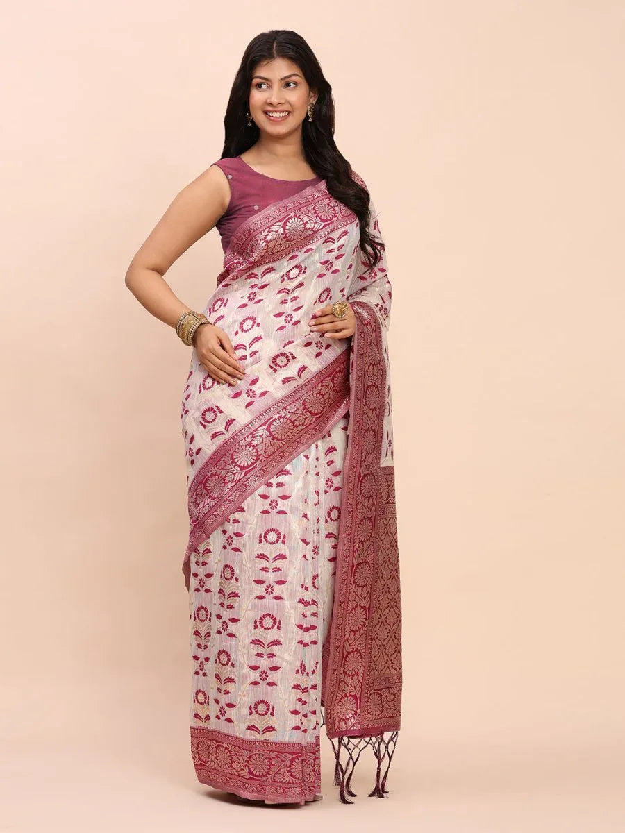 Purple Linen Cotton Saree With Blouse Piece - EZBER