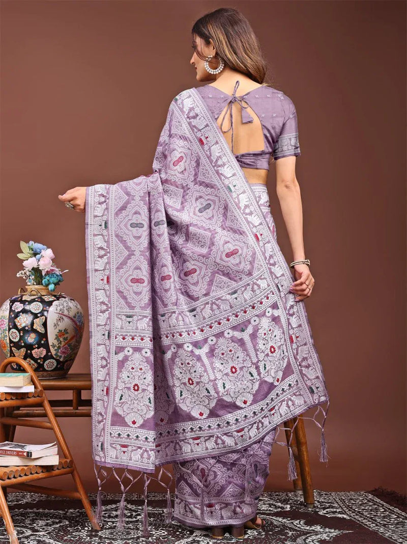 Purple Linen Cotton Saree With Blouse Piece - EZBER