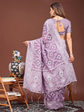 Purple Linen Cotton Saree With Blouse Piece - EZBER
