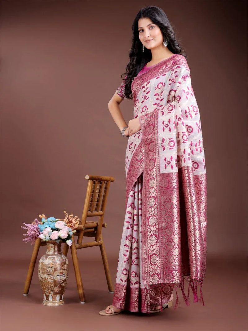Purple Linen Cotton Saree With Blouse Piece - EZBER