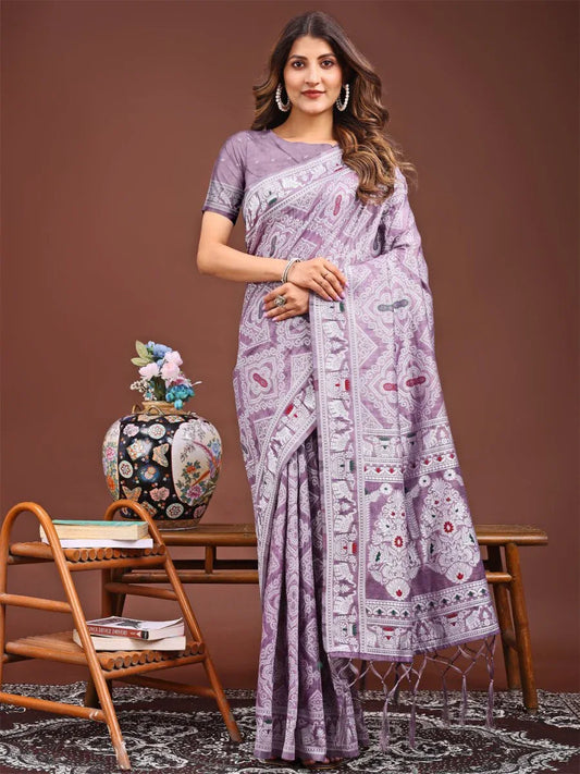Purple Linen Cotton Saree With Blouse Piece - EZBER