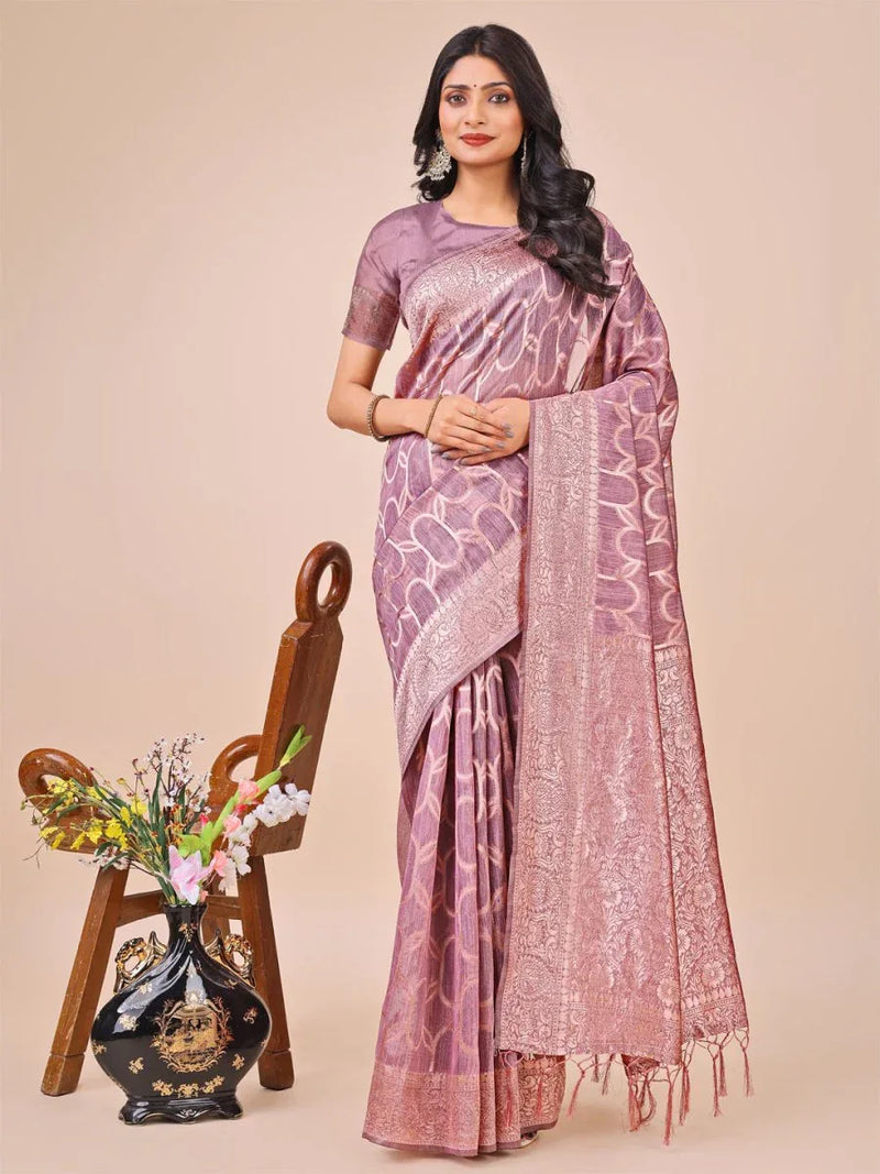 Purple Linen Cotton Saree With Blouse Piece - EZBER