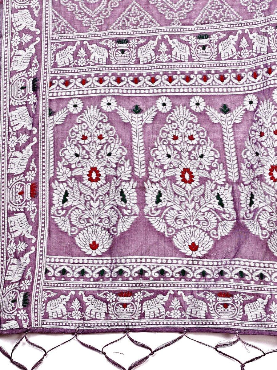 Purple Linen Cotton Saree With Blouse Piece - EZBER