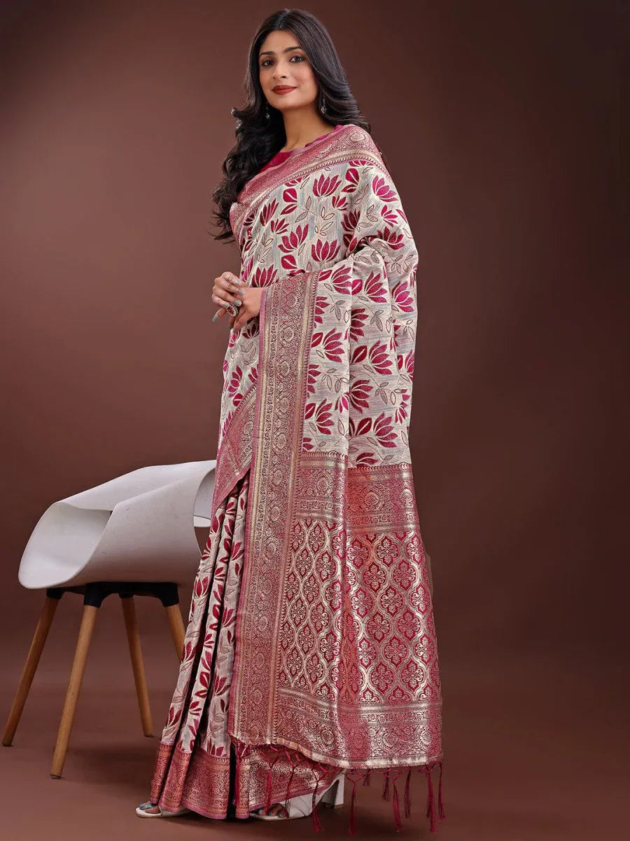 Purple Linen Cotton Saree With Blouse Piece - EZBER