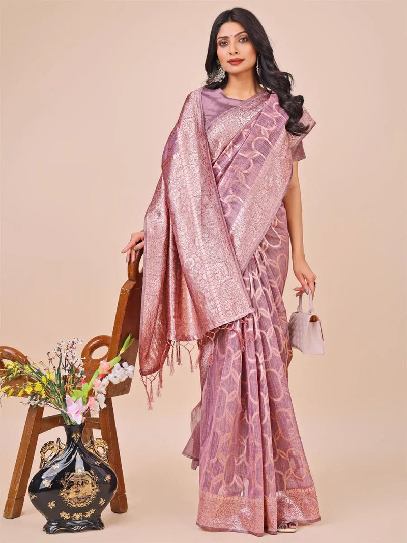 Purple Linen Cotton Saree With Blouse Piece - EZBER