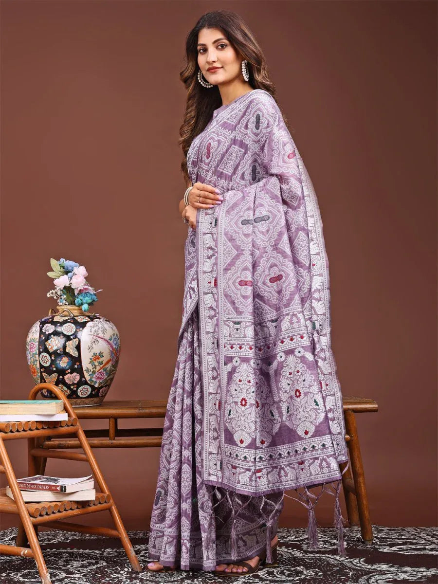 Purple Linen Cotton Saree With Blouse Piece - EZBER