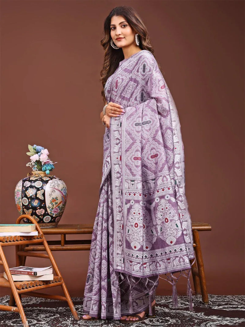 Purple Linen Cotton Saree With Blouse Piece - EZBER