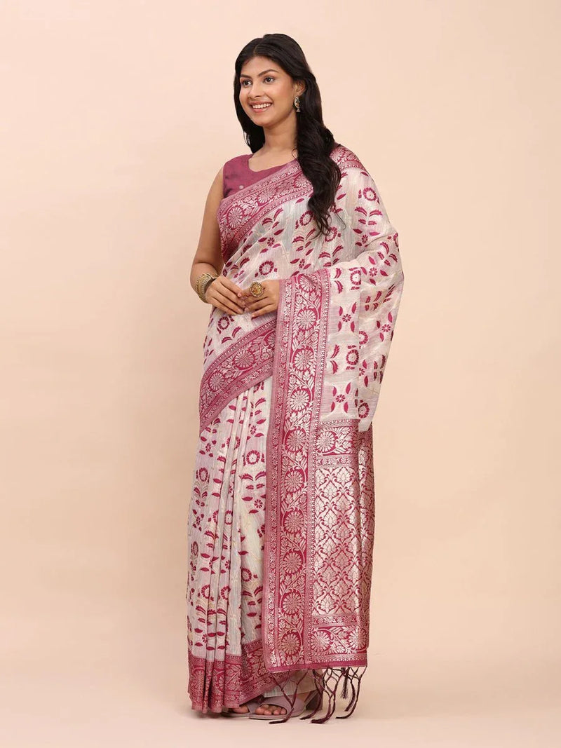 Purple Linen Cotton Saree With Blouse Piece - EZBER