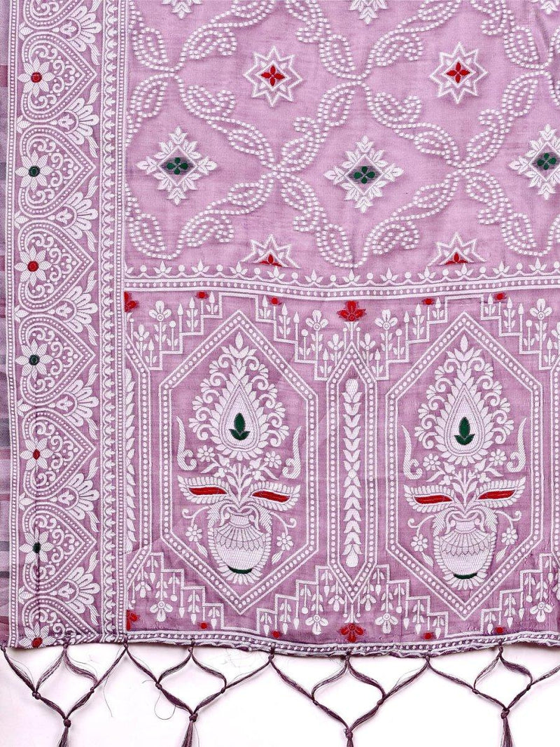 Purple Linen Cotton Saree With Blouse Piece - EZBER