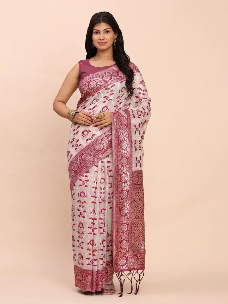Purple Linen Cotton Saree With Blouse Piece - EZBER