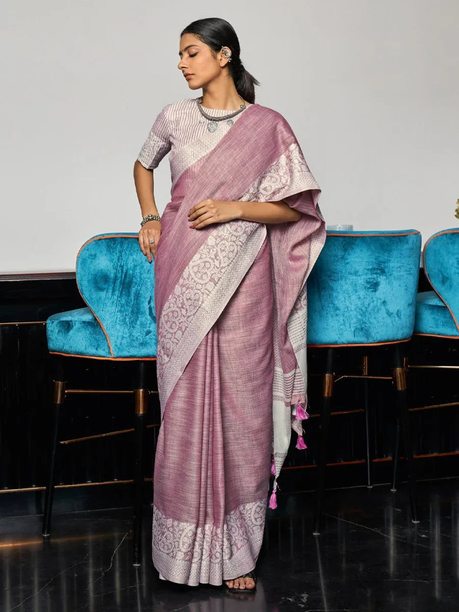 Purple Linen Saree With Blouse Piece - EZBER