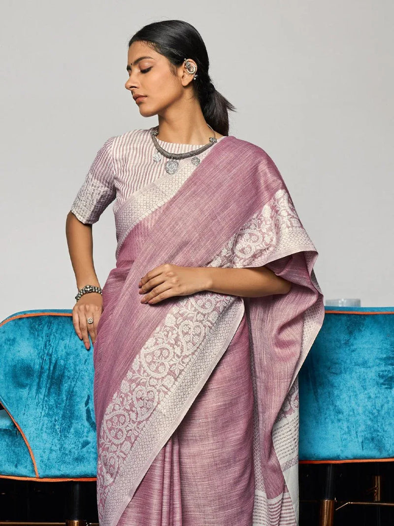 Purple Linen Saree With Blouse Piece - EZBER