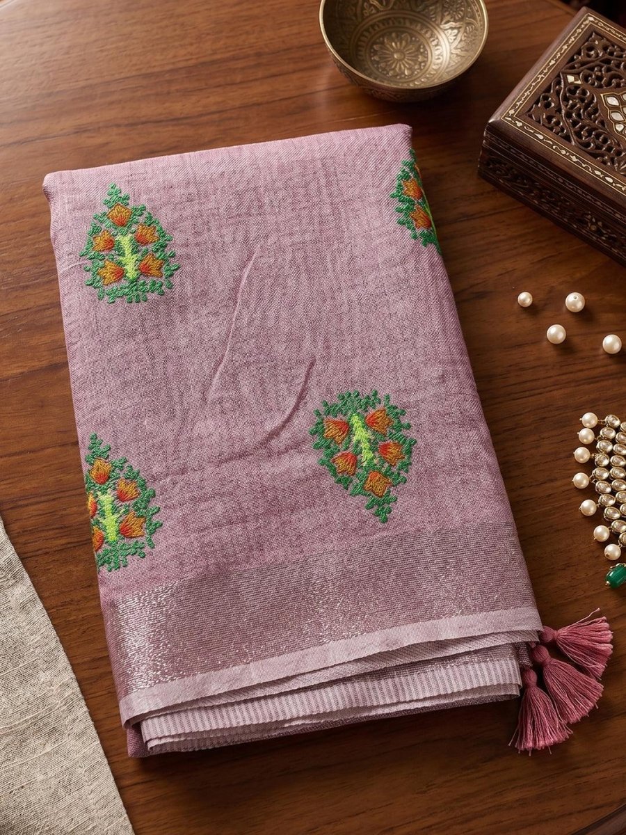 Purple Linen Stripe N Floral Saree | EZB SI04 SRAMY24004 - EZBER