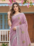 Purple Linen Stripe N Floral Saree | EZB SI04 SRAMY24004 - EZBER
