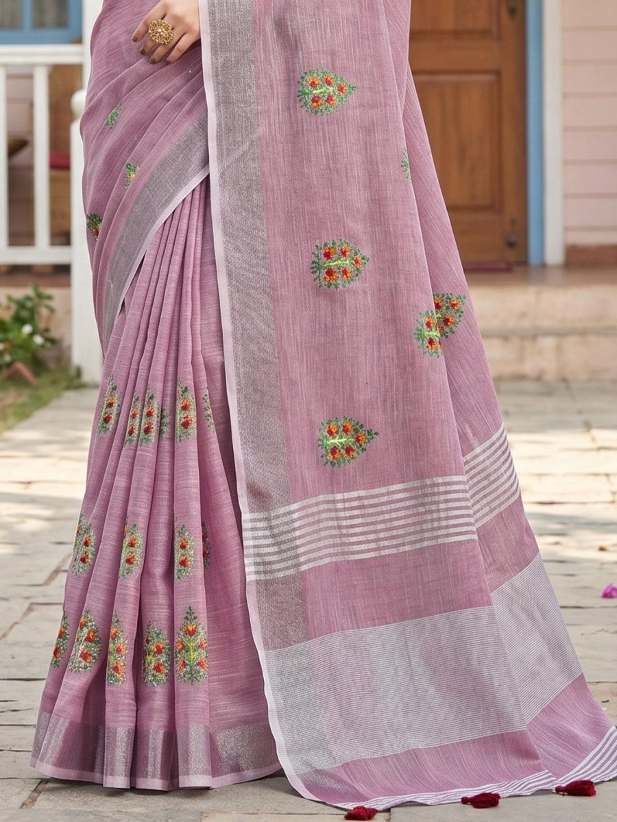 Purple Linen Stripe N Floral Saree | EZB SI04 SRAMY24004 - EZBER