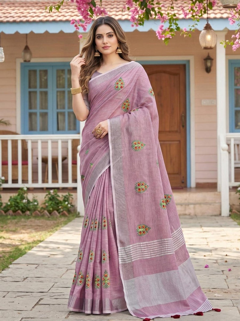 Purple Linen Stripe N Floral Saree | EZB SI04 SRAMY24004 - EZBER