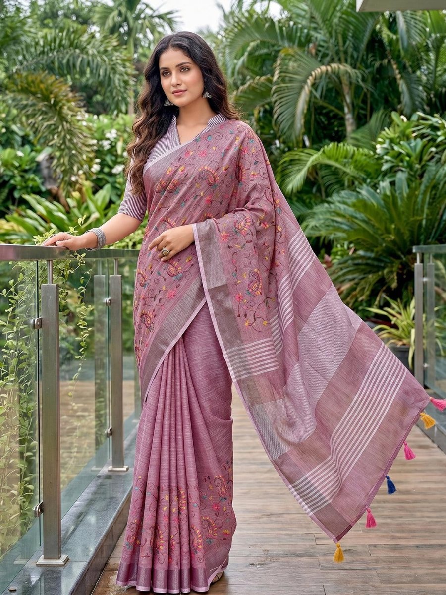 Purple Linen Stripe N Floral Saree | EZB SI04 SRKSS1005 - EZBER