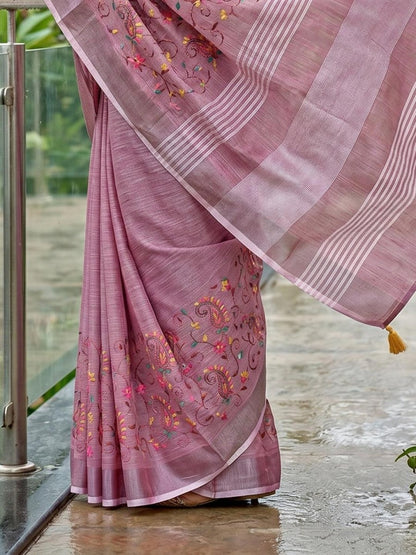 Purple Linen Stripe N Floral Saree | EZB SI04 SRKSS1005 - EZBER
