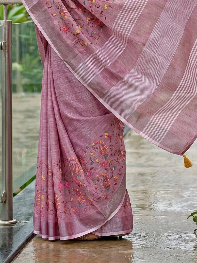 Purple Linen Stripe N Floral Saree | EZB SI04 SRKSS1005 - EZBER