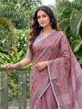 Purple Linen Stripe N Floral Saree | EZB SI04 SRKSS1005 - EZBER