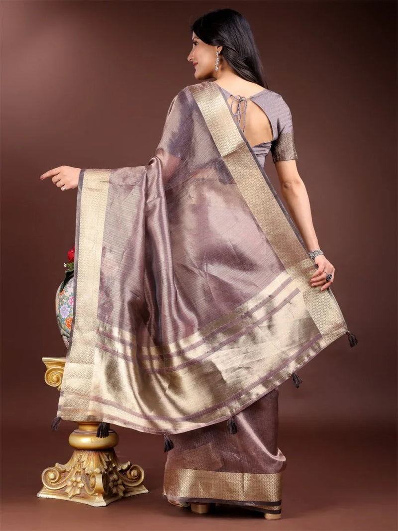Purple Organza Saree With Blouse Piece - EZBER