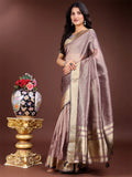 Purple Organza Saree With Blouse Piece - EZBER