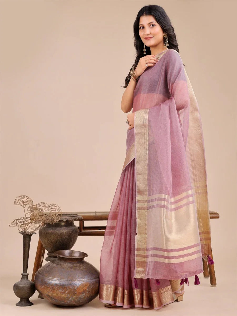 Purple Organza Saree With Blouse Piece - EZBER