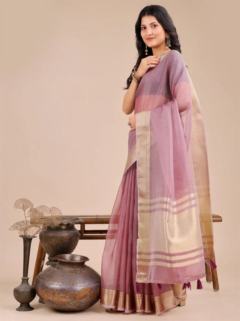 Purple Organza Saree With Blouse Piece - EZBER