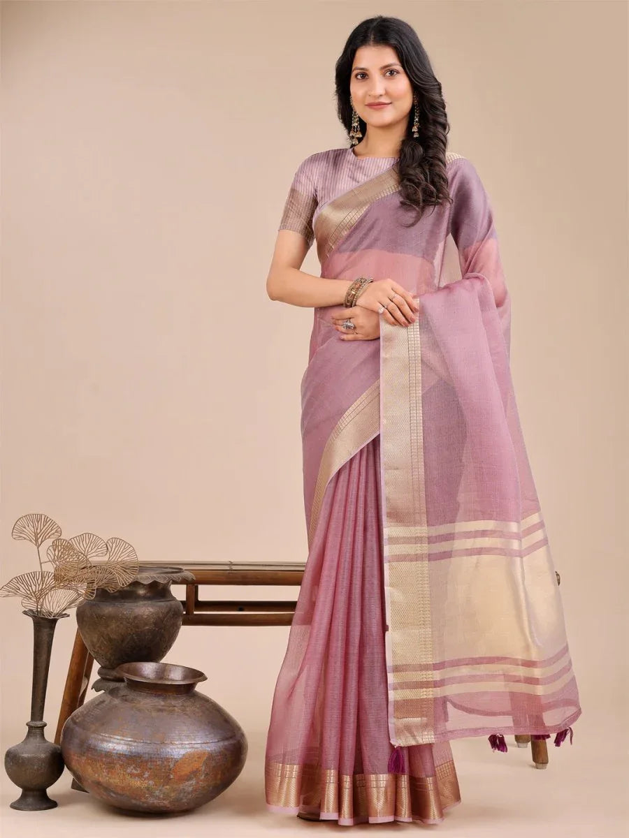 Purple Organza Saree With Blouse Piece - EZBER