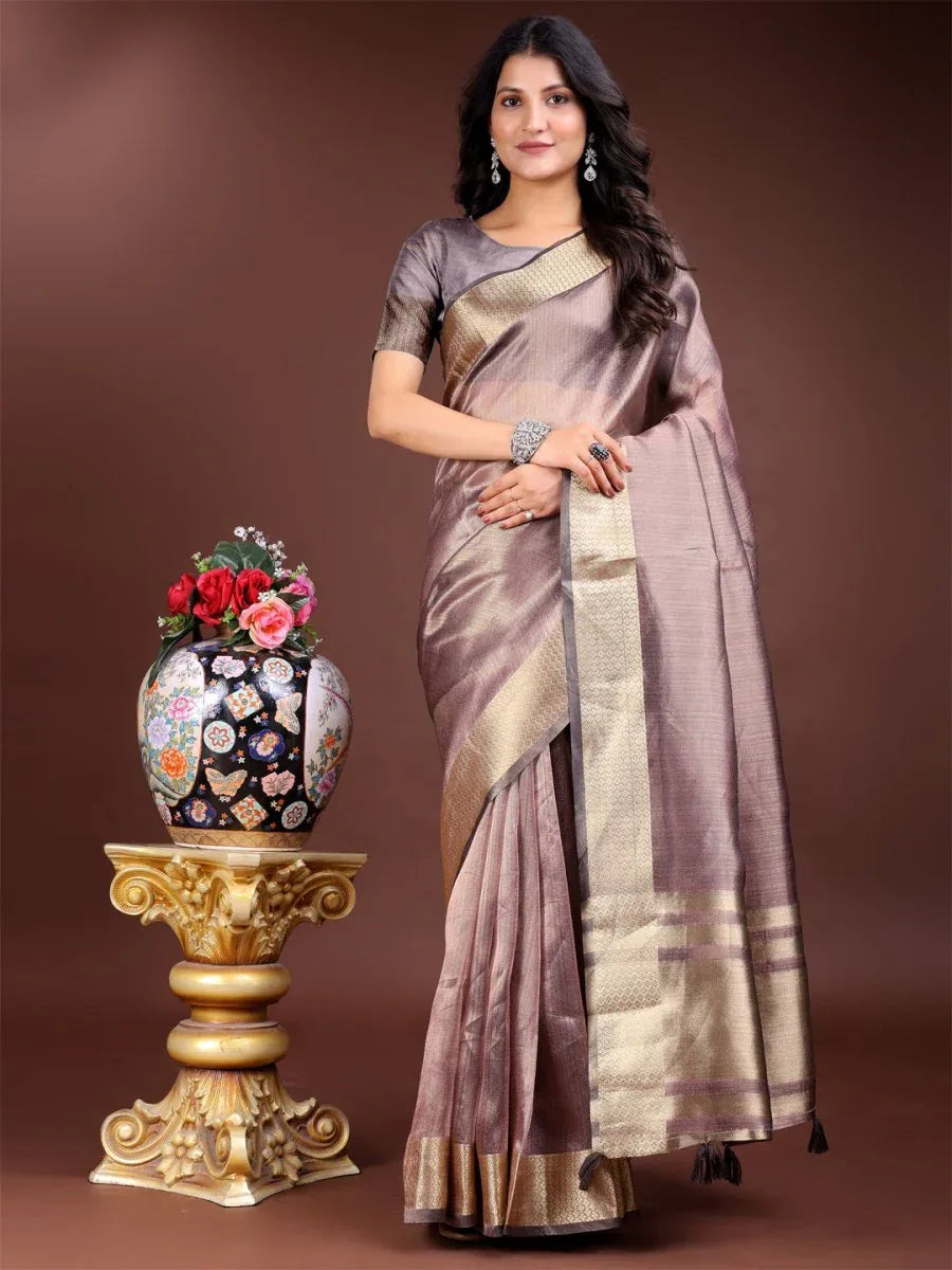 Purple Organza Saree With Blouse Piece - EZBER