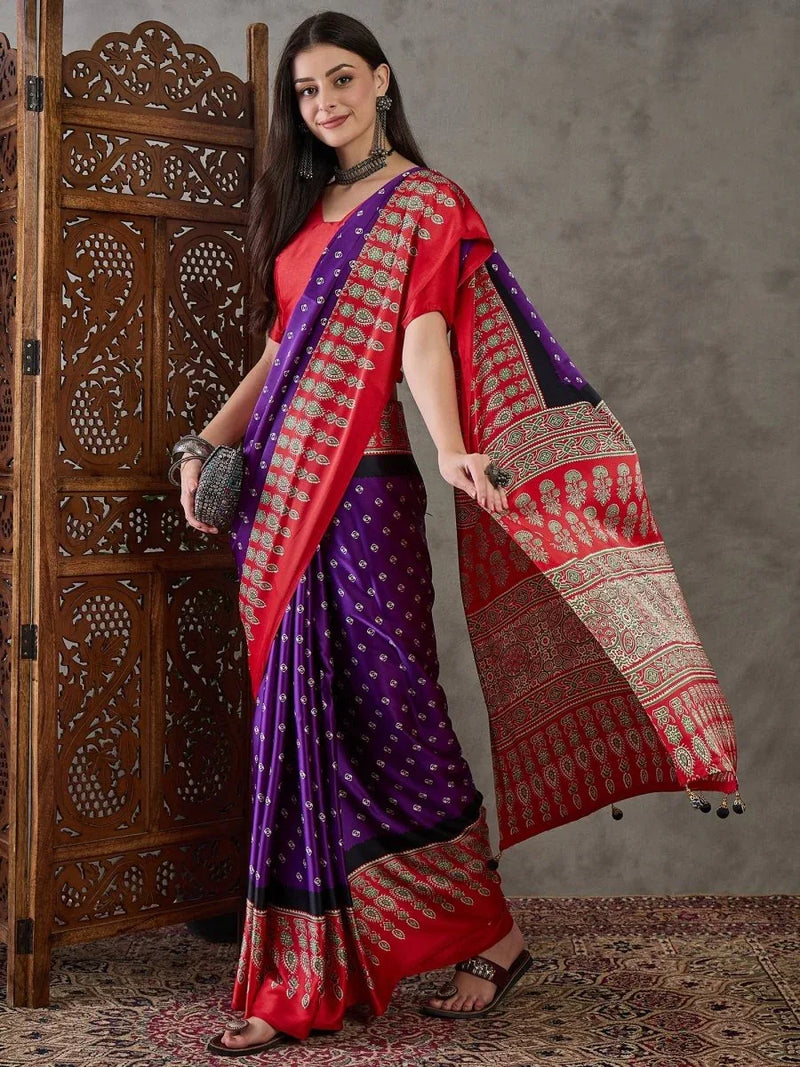 Purple Semi Modal Saree With Blouse Piece - EZBER