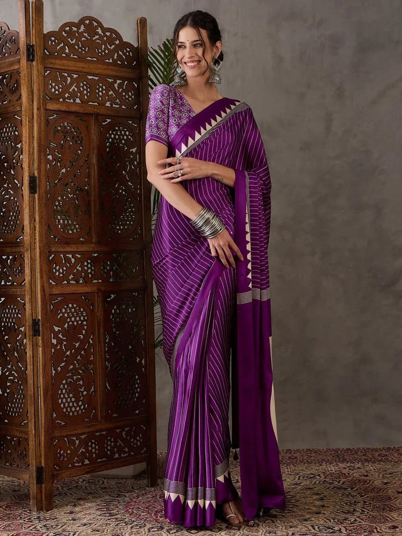 Purple Semi Modal Saree With Blouse Piece - EZBER