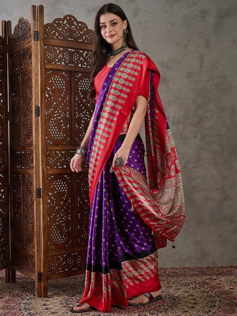 Purple Semi Modal Saree With Blouse Piece - EZBER