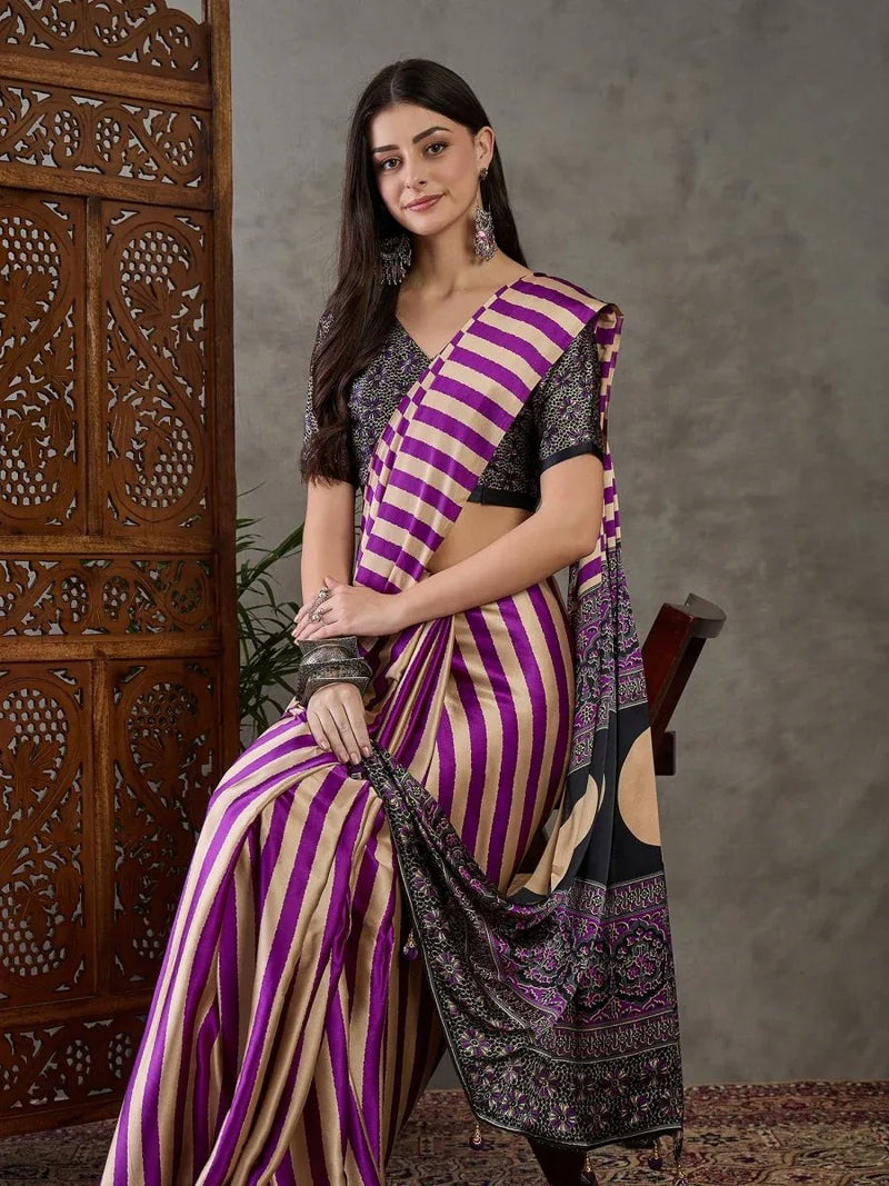 Purple Semi Modal Saree With Blouse Piece - EZBER
