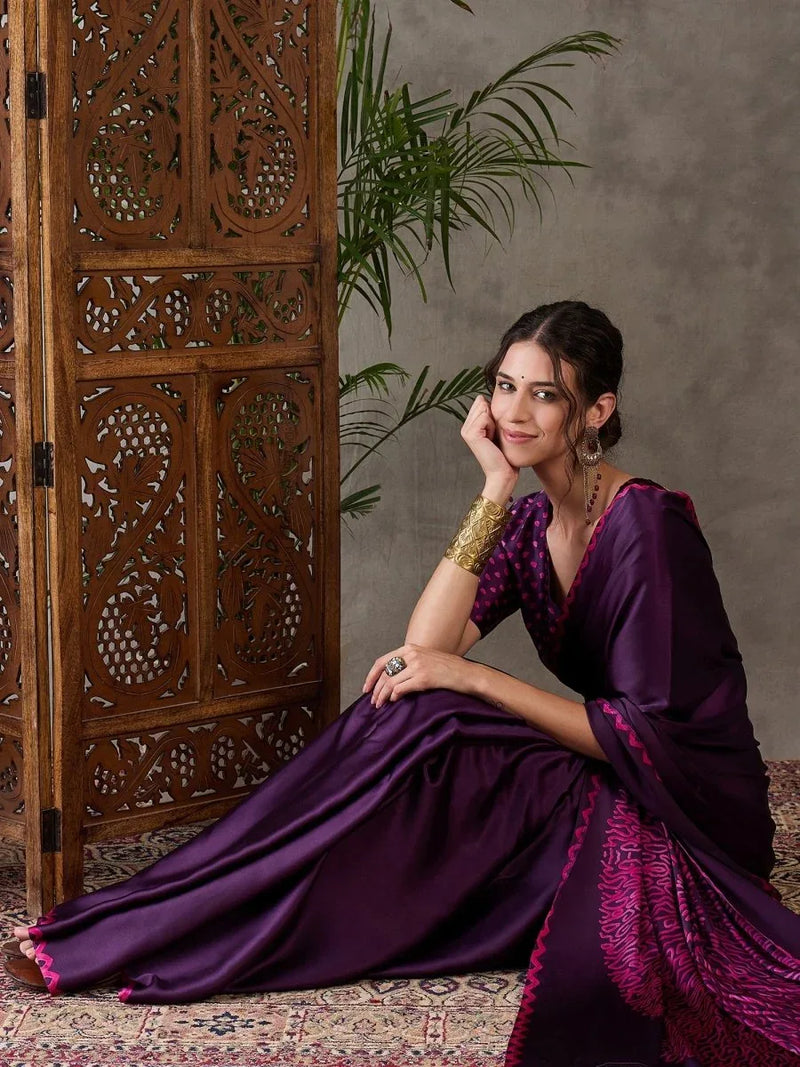 Purple Semi Modal Saree With Blouse Piece - EZBER