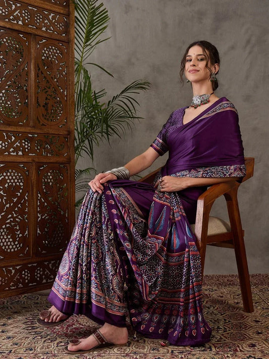 Purple Semi Modal Saree With Blouse Piece - EZBER