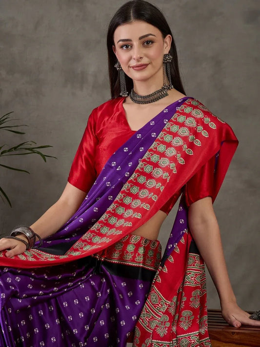 Purple Semi Modal Saree With Blouse Piece - EZBER