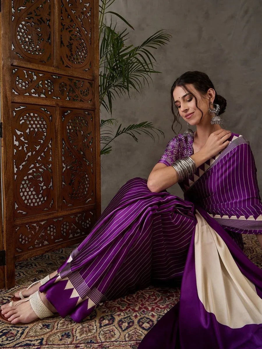 Purple Semi Modal Saree With Blouse Piece - EZBER